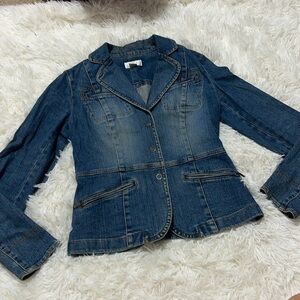 Loft Ann Taylor Dark Wash Denim Jean Collared Snap Front Jacket